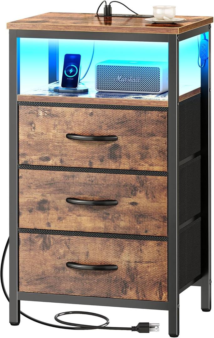 Huuger Night Stand with Charger Station and LED Lights, 3 Drawer Nightstand, Bed Side Table with Open Shelf, End Table, Tall Fabric Dresser for Bedroom, Rustic Brown (11.8"D x 15.7"W x 27.6"H3 Drawers)