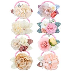 Dizila 8 Pack Decorative Pearl Flower Hair Ties Rubber Bands Elastics Stretchy Floral Hair Scrunchies Pigtail Ponytail Holders for Baby Girls Infants Toddlers Kids Teens