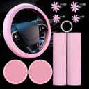 Frienda 10 Pcs Leather Steering Wheel Cover Set for Women 14.5-15 Inch Car Accessories with Seat Belt Shoulder Pad Seatbelt Cover Cup Holder Start Button Ring Sticker Air Vent Clip(Pink)