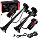Dual 2-Trumpet Metal Air Horn for truck Kit with 2 air Compressors,12V 150dB Ultra Loud impact train car horn moto horn is suitable for pickup/SUV/Boat and other vehicles (Black with button)