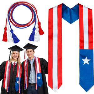Puerto Rico & American Flag Graduation Stole Sash with Honor Cords - Red White Blue Class of 2026 Graduation Gift, First Generation Graduate Stole for Study Abroad & International Graduates