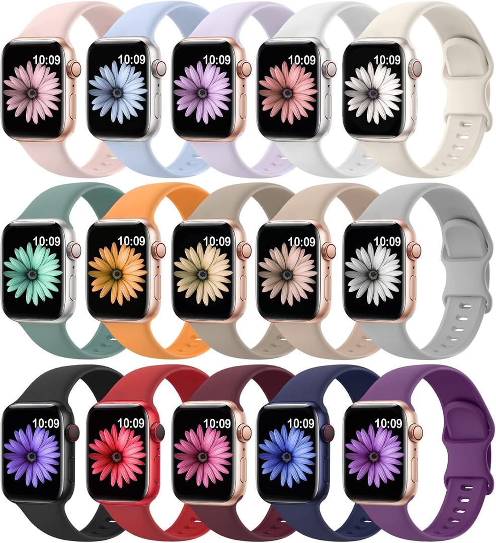 15 Pack Soft Silicone Bands Compatible with Apple Watch Band 40mm 41mm 38mm 45mm 44mm 42mm 46mm 49mm for Women Men,Sport iWatch bands Replacement Strap Wristbands for iWatch SE Series 10 9 8 7 6 5 4 3