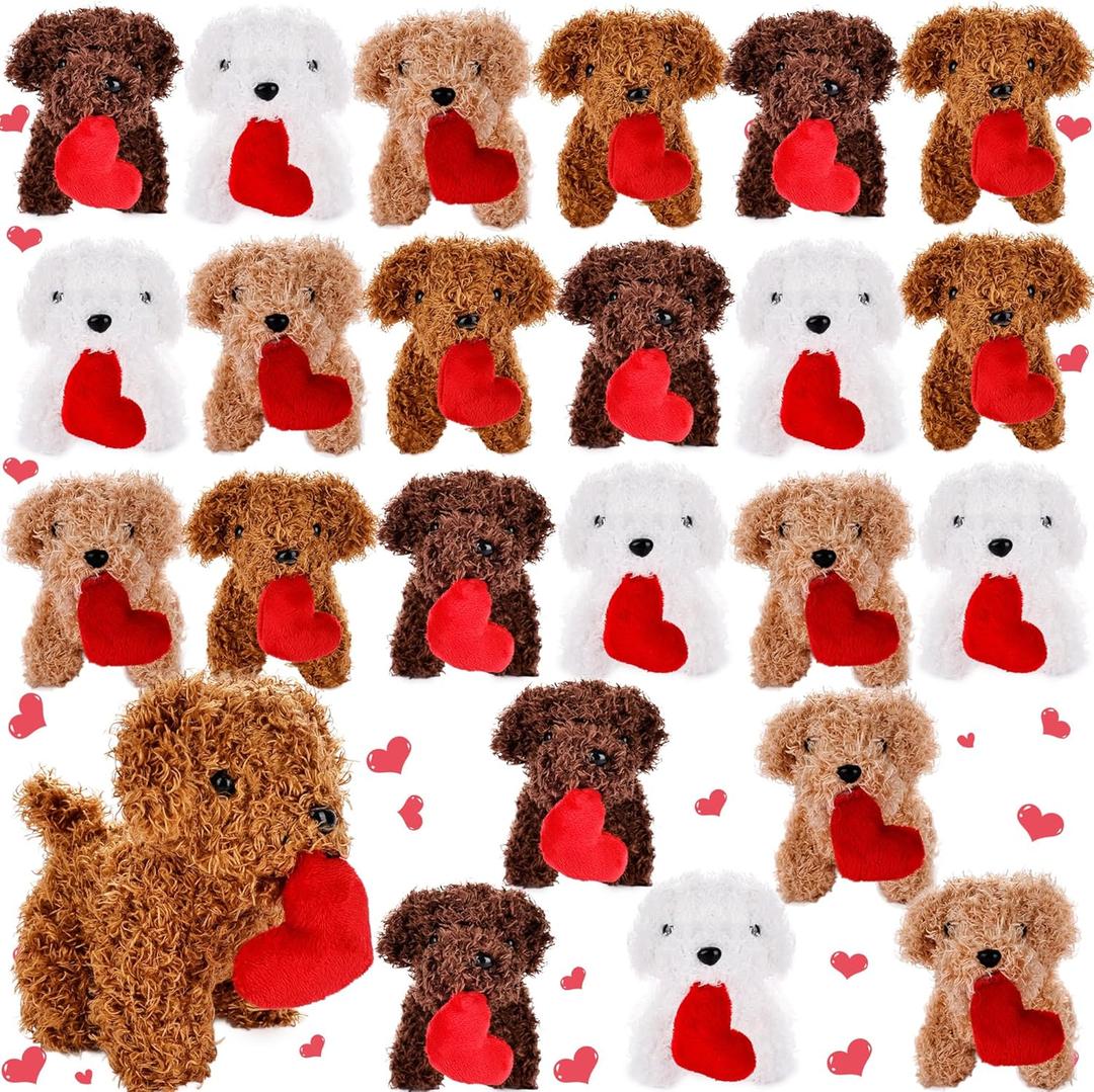 24 Pcs Valentine Mini Plush Dogs 5.5 inches Puppy Dog with Filled Heart Dogs Stuffed Animal Keychain Soft Toy Party Favor for Valentine Goodie Bag Birthday Party Gift, 4 Colors