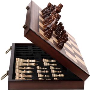 Magnetic 15" Wooden Chess Set, Portable Travel Folding Chess Board Sets Strategy Game for Adults & Kids for Chess Lovers, Beginners (Brown)