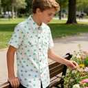 Boys Short Sleeve Button Down Shirt Casual Woven Summer Boys Dress Shirts with Two Pockets for Kids 5-12 Years (White)