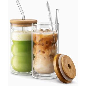 HAPPY PATH & CO. 2 Double Wall Glass Cups with Lids and Straws 16oz (480ml) - Glasses Drinking Set | Glass Tumbler with Bamboo Lid | Ribbed Bubble Glass Cups for Matcha, Coffee and Other Smoothies