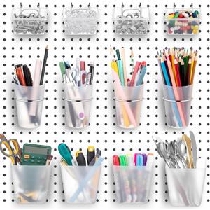 Jinei 12 Pcs Pegboard Bins and Cups with Hooks and Loops Peg Assortment Organizer Accessories Various Tool Organizer Pegboard Basket Set for Garage Workshop Workbench Office(Translucent)