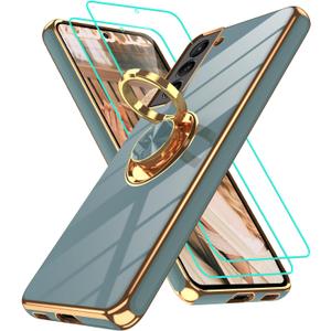 Gritup for Samsung Galaxy S21 Plus Case: with 2Pcs Screen Protector, 360 Rotation Ring Holder Magnetic Kickstand Plating Gold Edge Soft TPU Shockproof Protective Cover for S21 Plus, Gray