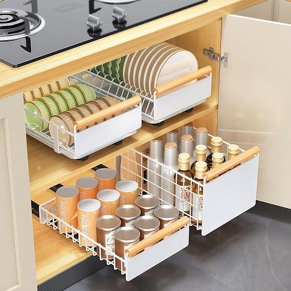 Pull-Out Double/Single Tier Dish Rack for Cupboard, Slide Out Dish Drying Rack for Kitchen Cabinets, Pull Out Drawer for Kitchen Under Sink Organizer (Double Tier Dish Rack)