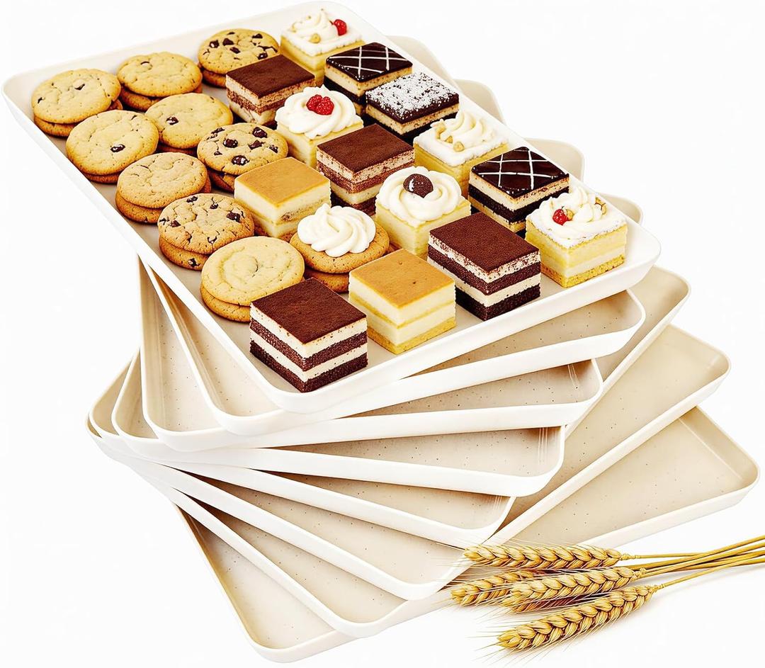 YOUBET 8 PCS Plastic Serving Trays - Ivory Wheat Straw Trays for Serving Food - Super Strong Disposable Platters, Heavy Duty Plastic Trays for BBQ, Picnic, Party, Wedding
