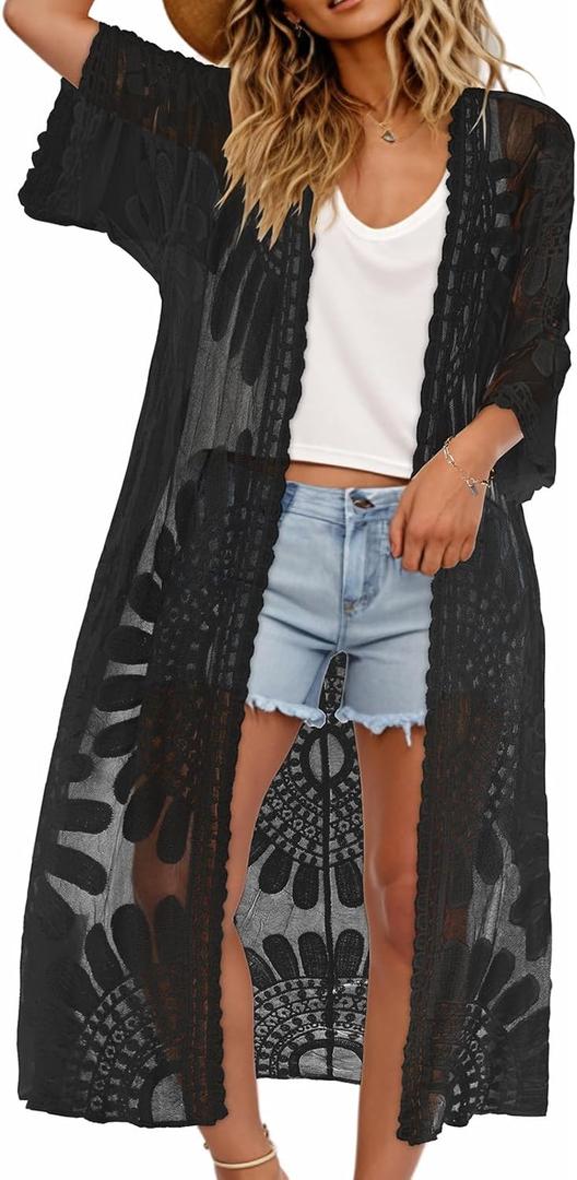 CHICGAL Womens Swimsuit Coverup Lace Bathing Suit Cover Up Beach Kimonos Long Cardigan Open Front Swimwear (One Size, Black)