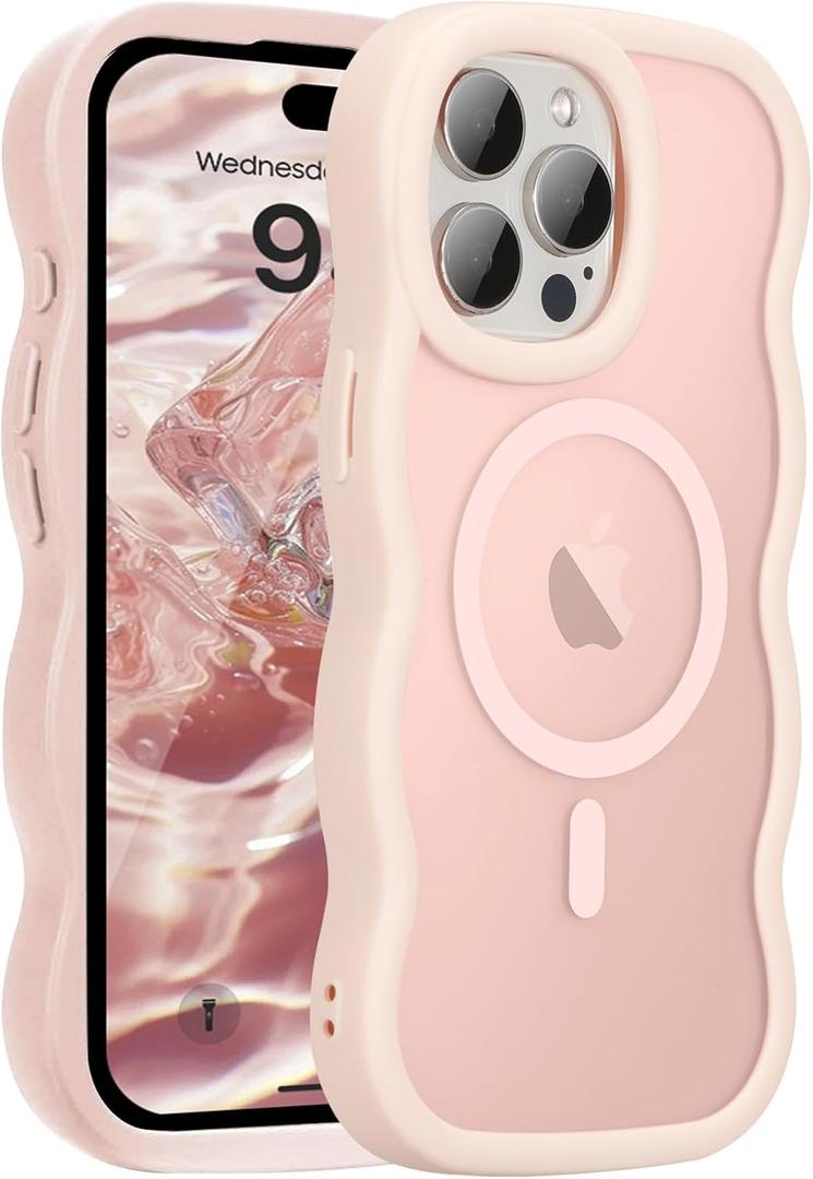 UEEBAI Magnetic for iPhone 12/12 Pro Case, Compatible with MagSafe, Transparent Wave Frame Design Case Soft Edge Cover Cute Clear Matte Shockproof Protective Phone Case, Pink