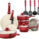 GreenLife 16 Piece Nonstick Cookware Set, Soft Grip Non-Toxic PFAS-Free Ceramic Pots & Pans, Dishwasher & Oven Safe, Frying, Sauce, Saute, Utensils, Glass Lids, Stay-Cool Handles, Wobble Free, Red