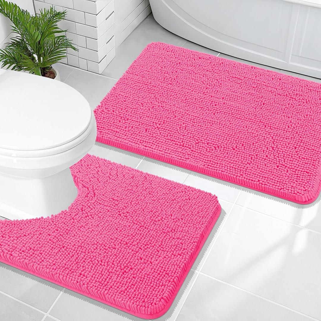 OLANLY Bathroom Rugs Sets 2 Piece, Soft Absorbent Chenille Bath Mats and U-Shaped Contour Toilet Mat Area Rug Set, Machine Washable Bath Carpet, Home Decor Accessories (30" x 20" + 24" x 20", Hot Pink)