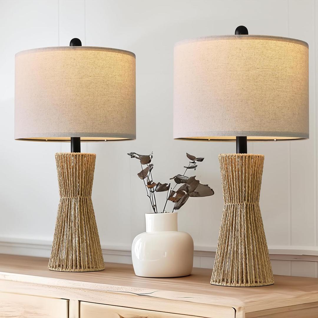 OYEARS 22.5" Table Lamps for Living Room,Boho Lamps Set of 2 for Bedrooms, Bedside Lamp for Nightstands, Rattan Lamp, Farmhouse Table Lamp for Room Decor, End Table, Retro, BrownNot Include Bulbs (Woodgrain and Matte Black)
