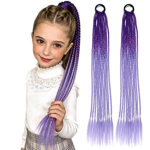 2 PCS Colorful Braided Hair Extensions 24 inch, Fun Ponytail with Elastic Tie, Crazy Hair Day Accessories for Girls Lightweight Synthetic HairpiecesPurple/Light Purple