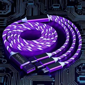 SvyiLink USB Cable PD Fast Charger Lighted Up (USB 3IN1 Purple),Phone Data Cable, Flowing Light Charging Cable, 39-inch, TPE Material, Compatible with Almost All Phones, Tablets, and Headphones