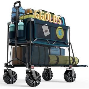 Portal Collapsible Double Decker Wagon Folding Utility Cart with Tailgate, Beach Wagons with Big Wheels, 660LB Heavy Duty Foldable Wagon 14 FT Large Capacity for Camping, Sports, Garden (Ocean Blue)
