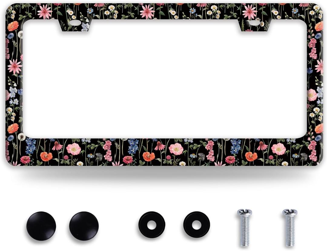Flowers Plants License Plate Frame Funny Floral License Plate Frames for Car Decorative Parts Stainless Stee License Plate for Standard Us Canada License Plate Holder 12x6 Inch for Women Men