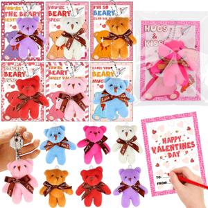 28 Pack Valentines Day Gifts for Kids Classroom Mini Plush Bear Keychain Toys with Valentine Day Cards for Kids School, Valentines for Class Exchange Cards Gifts Party Favors Prizes for Boys Girls