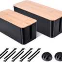 2 Pack Large Cable Management Box Wooden Style Cord Organizer Box and Cover for TV Wires, Computer, Router, USB Hub and Under Desk Power Strip Safe ABS Material and Baby-Pets Proof Lock (Black)