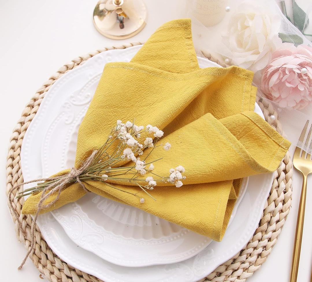 Dinner Cloth Napkins Bulk,100% Soft Spring Cotton Linen Napkins,Washable Easter Napkins with Hemmed Edges for Wedding Decorations,16*16 (Set of 12, Mustard Yellow)