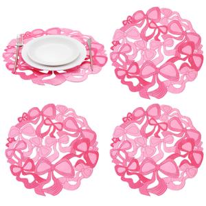 Gandeer 4 Pcs Pink Bow Placemats Coquette Embroidered Place Mats Pink Cotton Decorative Table Mats for Home Wedding Baby Shower Birthday Party Decor(Round Hollow)
