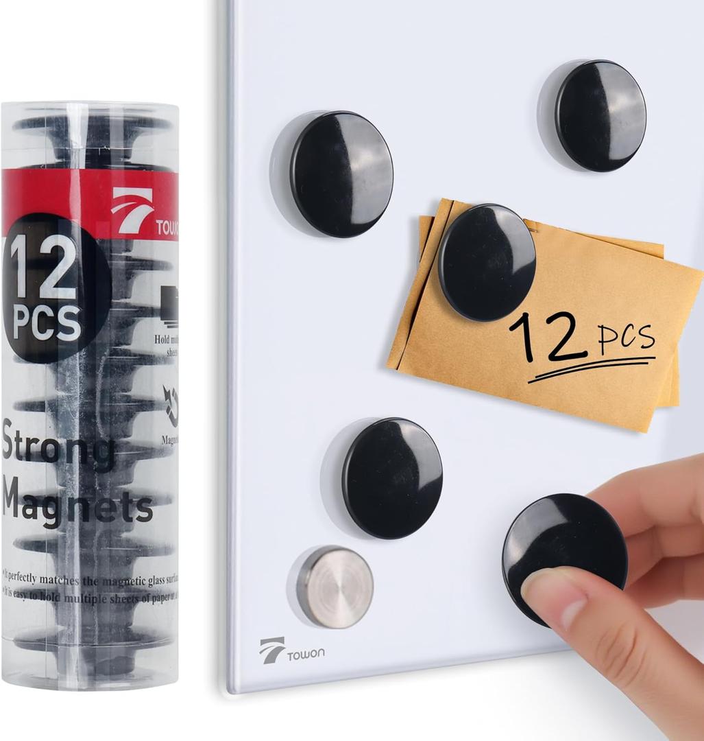 12 Pcs TOWON Strong Magnets for Glass Whiteboard, Dry Erase Board Magnets, Large, Round, Black Rare Earth Magnet for Classroom Kitchen Office Accessories