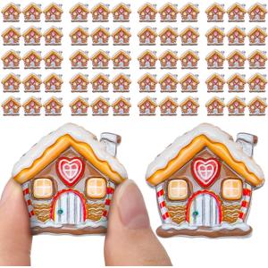Realspring 60 Pcs Christmas Miniatures for Crafts Gingerbread House Decorations Christmas Miniature Figurines Mini Resin Gingerbread House for DIY Crafts Flatback Embellishment(Classic)