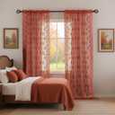 Kotile Burnt Orange Sheer Curtains for Bedroom, Country Rustic Floral Pattern Fall Curtains 63 Inch Length, Rod Pocket Privacy Scalloped Lace Rust Orange Curtain, 52 x 63 Inch, 2 Panels, Orange