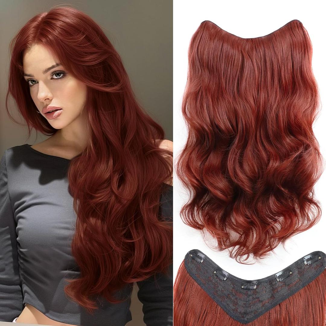 Clip In Hair Extensions One Piece 24 Inch Long Curly Synthetic Wavy Hair Extensions Clips Ins Natural Fluffy Clip On Extension Hair Pieces Thickened Hair Extension Clips for Women Copper Red