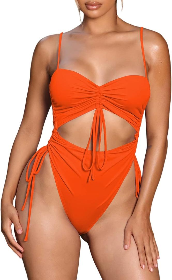 Viottiset Women's Cut Out Drawstring One Piece Swimsuit Plus Size Cheeky High Cut Bathing Suit Orange XX-Large