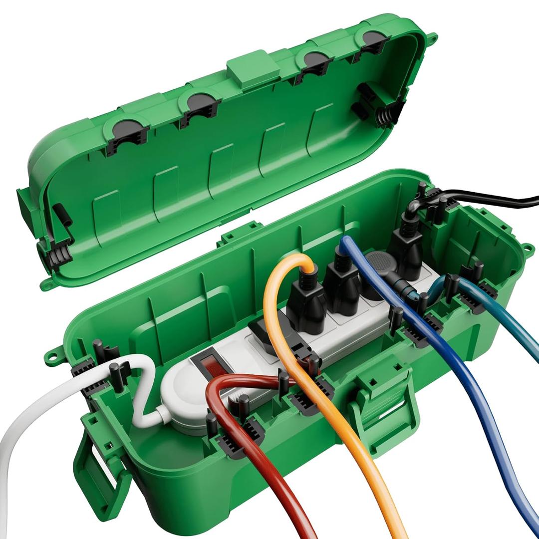 Flemoon Medium Outdoor Electrical Box (11.5x5.2x4 inch), IP54 Waterproof Extension Cord Cover w/6 Cable Entry Ports, Weatherproof Connection Box for Power Strip, Timer, Plug, Holiday Lights, Green