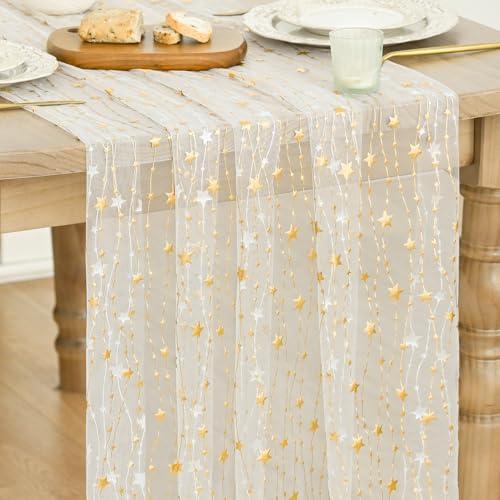 Artoid Mode Stars Beige Gauze Table Runner 10FT, Glitter Metallic Foil Sheer Dining Wedding Anniversary Holiday Birthday Table Decor for Home Party