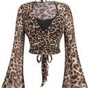 WDIRARA Women's Plus Size Leopard Halter Tops Mesh Long Bell Sleeve Tie Back T Shirts, 4XL