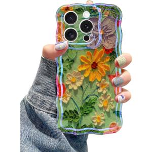 2 x Jusy Compatible with iPhone 11 Pro Max, Colorful Retro Oil Painting Printed Flower Laser Glossy Pattern Cute Curly Wave Phone Case Soft TPU Cover for Girly Women - Green Yellow