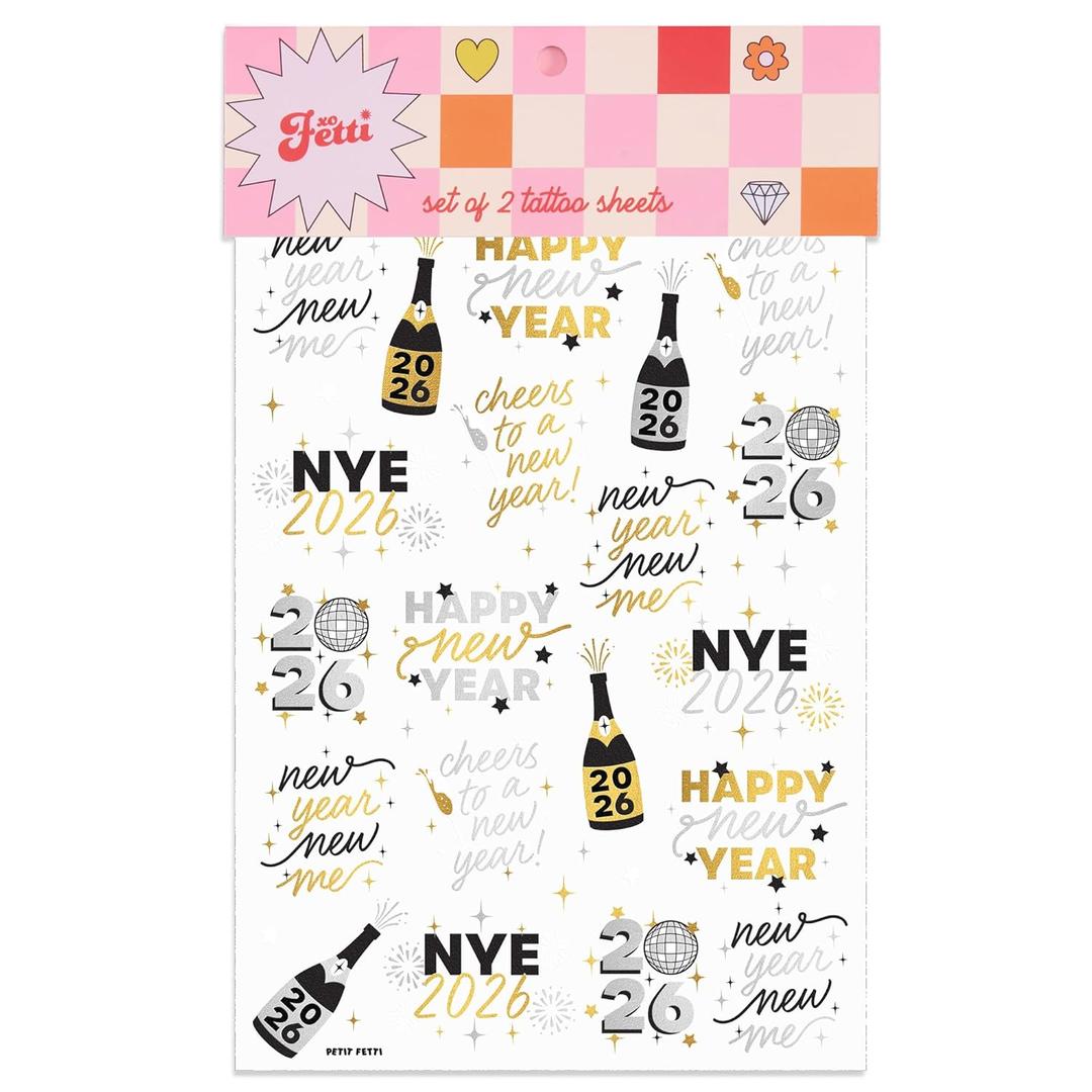 xo, Fetti New Year's Eve Party Supplies Tattoos - 40 Gold and Silver Foil Styles | NYE Party Favors, Disco Celebration Decorations, NYE 2026 Decor