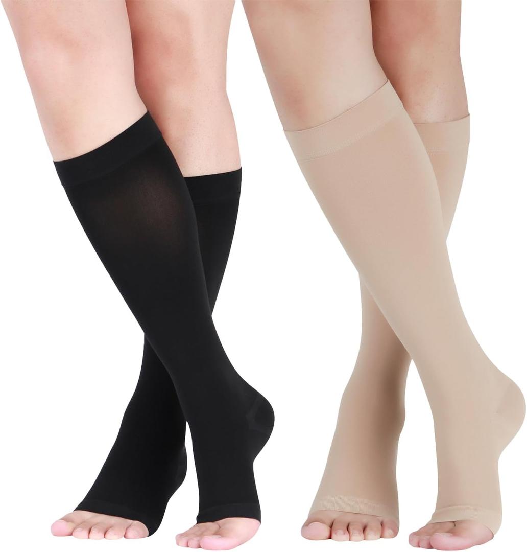 LIN PERFORMANCE 15-20 mmHg Compression Socks for Women and Men Knee High Open Toe Medical Compression Stockings for Travel Daily
