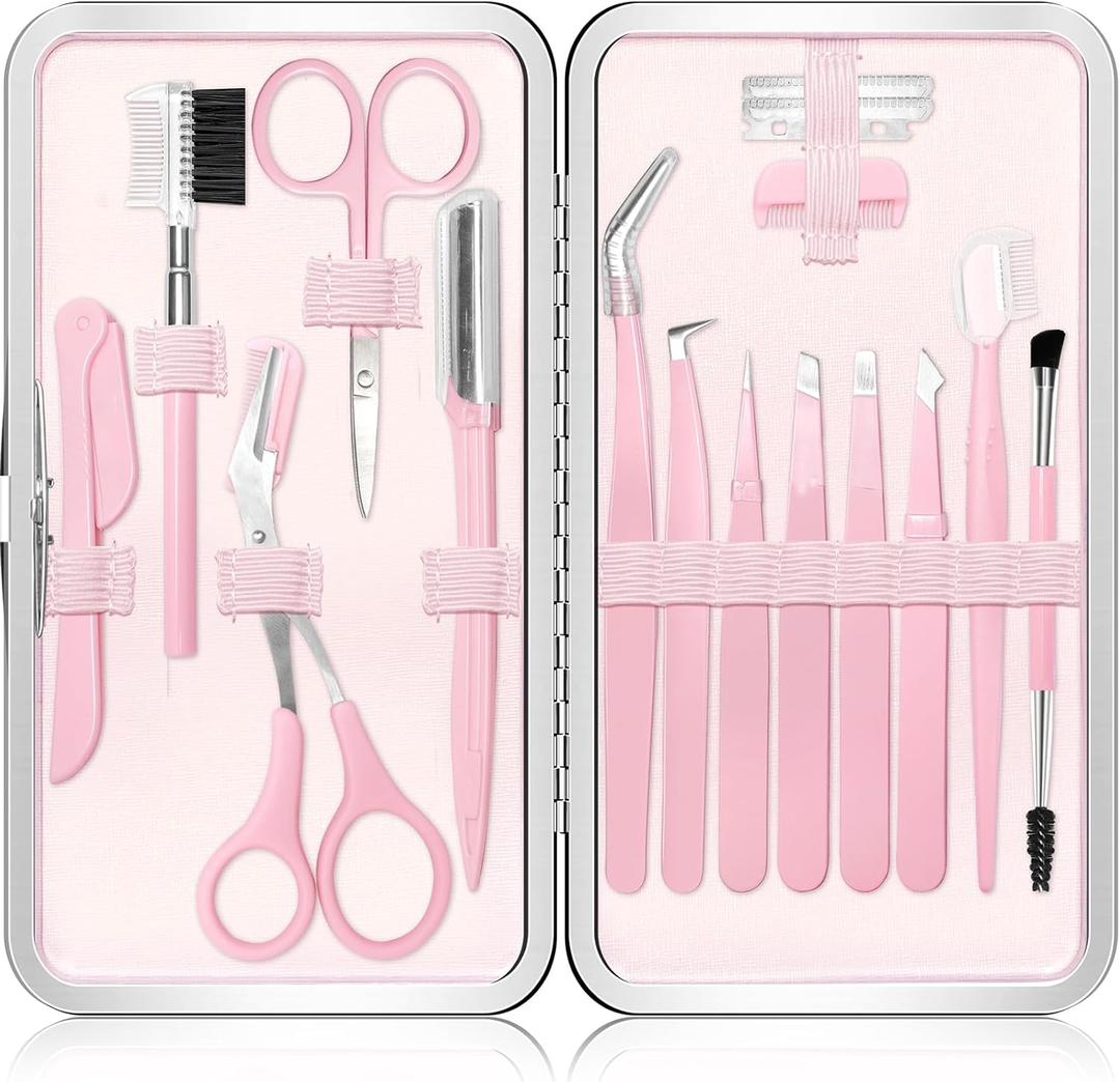 Eyebrow Kit, 17 in 1 Tweezers for Women Facial Hair, Hair Scissors with Comb, Eyebrow Trimmer, Brow Brushes, Hair Tools Travel Bag, Professional Grooming Tweezer Set