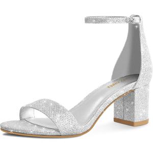 PIZZ ANNU Women's Low Block Chunky Heels Sandals Comfortable Open Toe Ankle Strap Party Dress Pump Shoes Strappy Buckle Heeled Sandal with 2 Inches Tall Thick Heel Design, 6.5, Silver Glitter