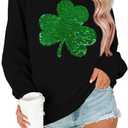 FAYALEQ St Patrick's Day Sweatshirt Women Shamrock Sequin Pullover Clover Hoodie Holiday Long Sleeve Tops (Black, S)