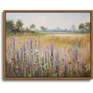 KISSFOX Vintage Framed Wall Art Decor Countryside Landscape Pictures Wall Decor Rustic Wildflower Paintings Scenery Canvas Art Prints Modern Farmhouse Artwork For Bedroom Kitchen Living Room (8x10 in, Lavender)