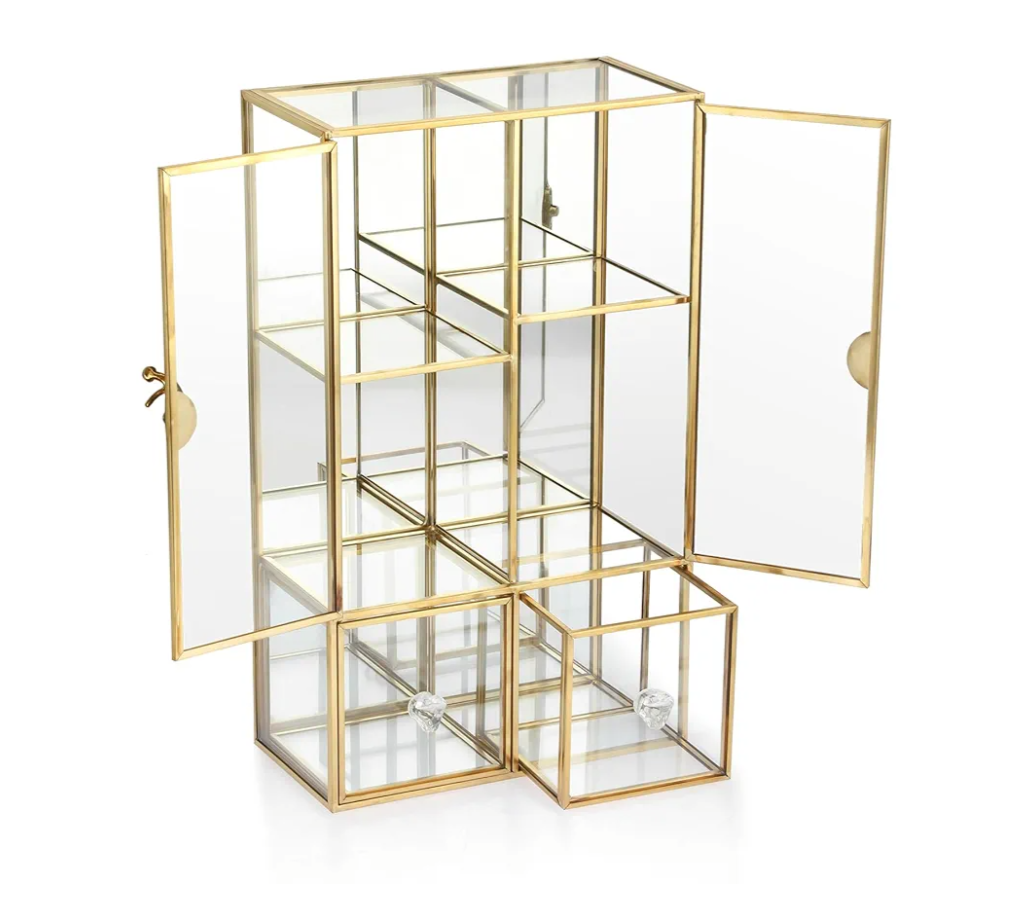 ELLDOO Clear Glass Storage Box with 2 Drawer, Gold Mirrored Jewelry Makeup Display Organizer Case, Decorative Tower Box Storage for Trinket Perfume Lipstick Figure Statue Toy Display