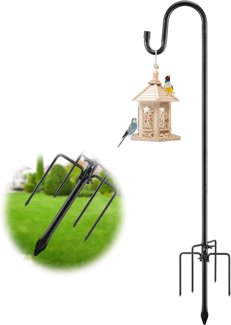 92" Tall Bird Feeder Pole with Shepherds Hook - Heavy Duty Rustproof Stand for Hummingbird Feeders,Wind Chimes,String Lights - Outdoor Garden Decor Hanger, Black