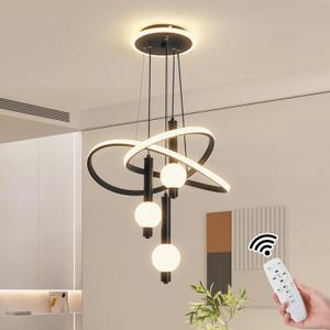 Modern Chandeliers for Dining Room, 19.69in LED Dimmable Kitchen Pendant Lamp, Black Ceiling Pendant Light Fixtures Over Table, Globe Ring Chandeliers for Living Room Bedroom Staircase