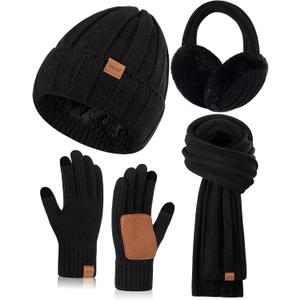 Winter Hat Gloves Scarf Earmuffs Set for Women, Fleece Lined Beanie Long Scarf Touchscreen Gloves Ear Warmer, 4 in 1 Gift Set (Black)