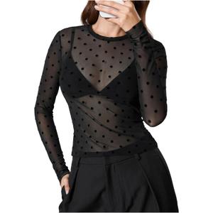 SHENHE Women's Polka Dots Sheer Mesh T Shirt Long Sleeve Round Neck Slim Fitted Streetwear Top Large
