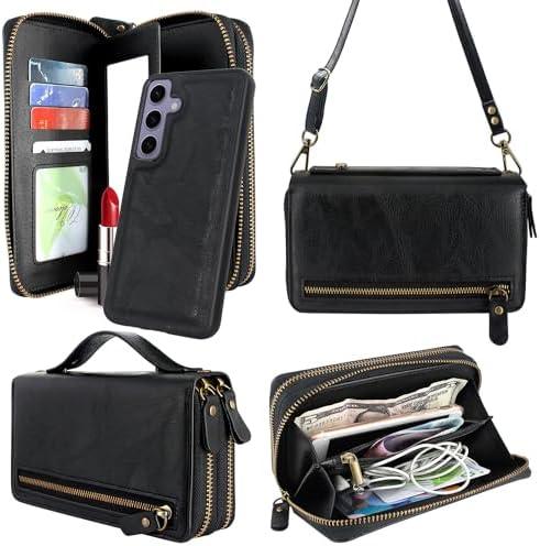 Harryshell Compatible with Samsung Galaxy S24 5G Case Wallet Multi Zipper Detachable Magnetic Cover Purse with Card Slots Holder Mirror Crossbody Wrist Strap for S24 6.2 inch 2024 (Black)