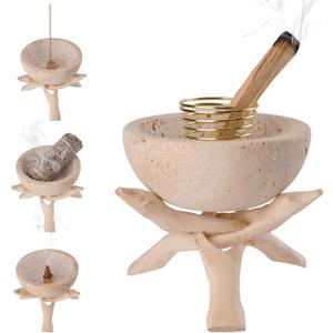 Natural Marble Incense Holder, Palo Santo and Sage Burner, Handmade Incense Burner for Smudging, Incense Burning, and Home Decoration (Cream)