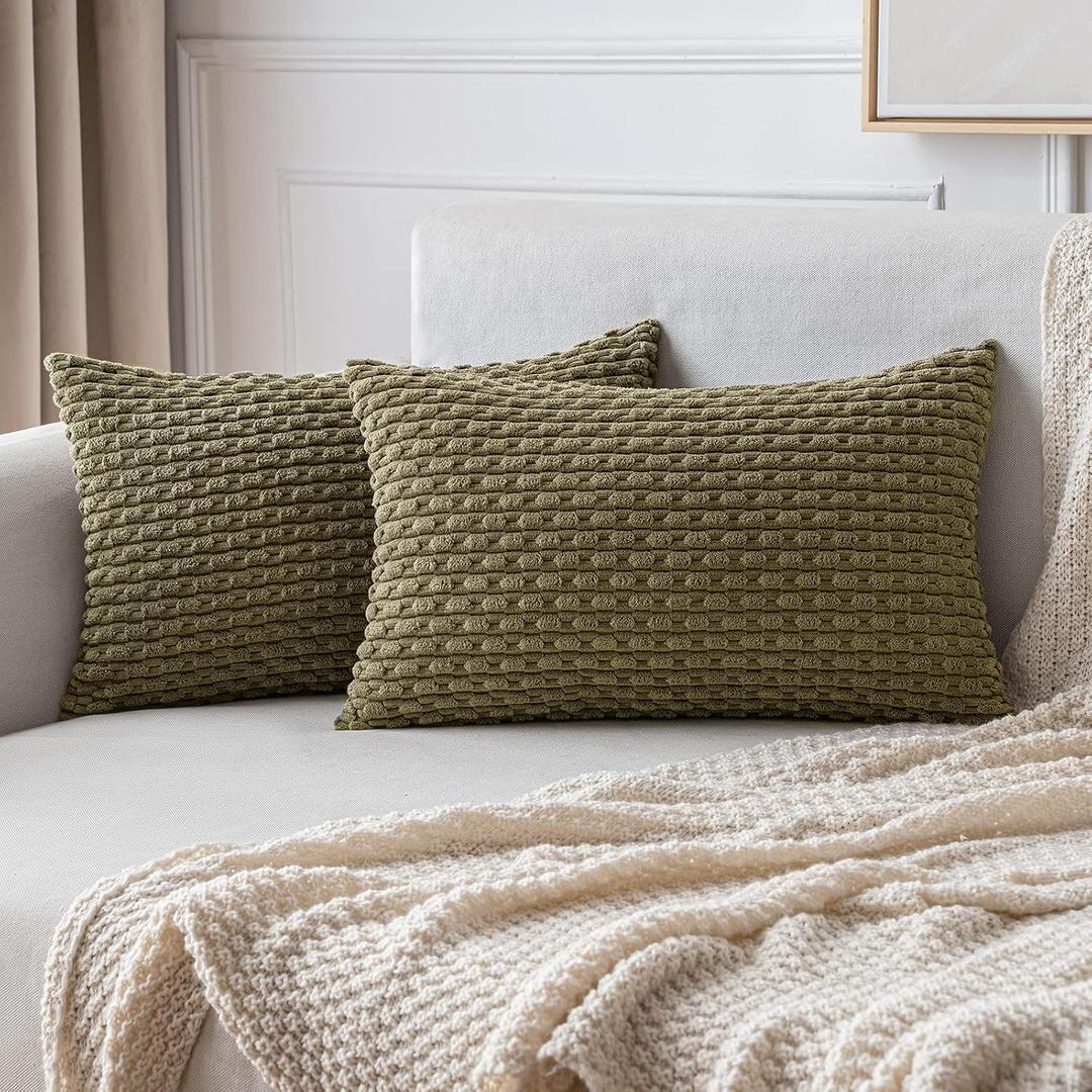 MIULEE Throw Pillow Covers Soft Corduroy Decorative Set of 2 Boho Striped Pillow Covers Pillowcases Farmhouse Home Decor for Couch Bed Sofa Living Room 12x20 Inch Olive Green